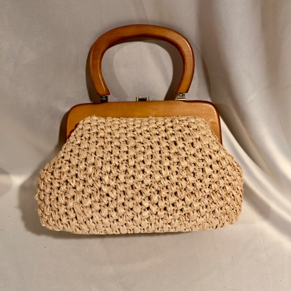 Vintage 60s Wood Frame Woven Hand Bag Purse Natural Jute 40s Pinup Girl - Picture 2 of 5